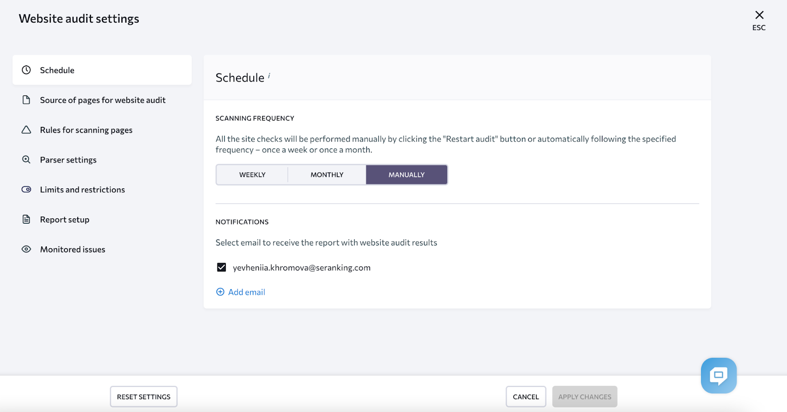 SE Ranking website audit settings - the best alternative to Moz