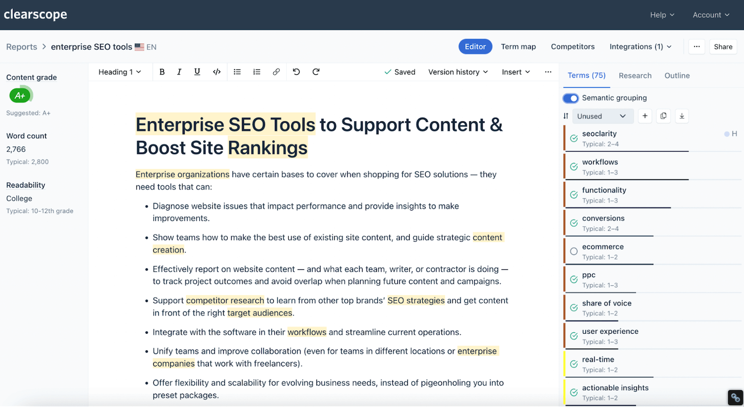Clearscope's dashboard